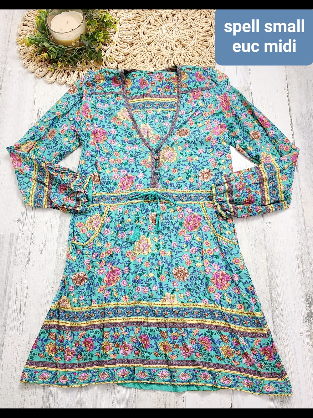 Spell Turquoise Floral Print V-Neck Dress